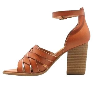 Women's Tan Leather Block Heel Sandal with Ankle Strap